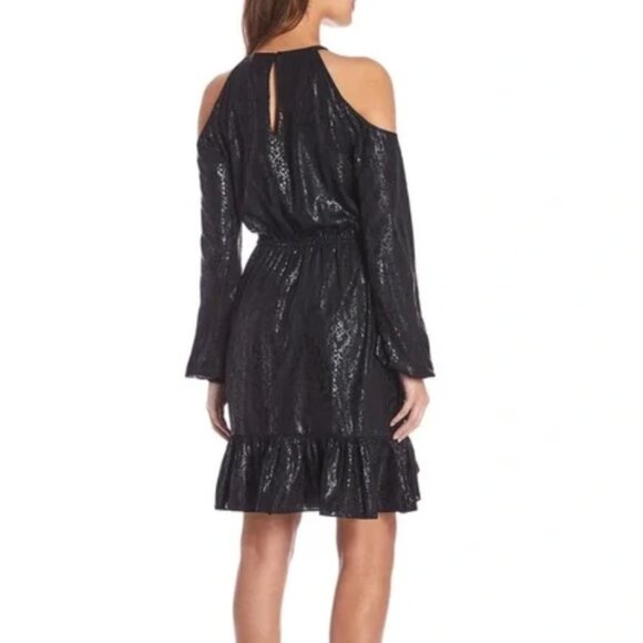 NWT michael kors black snake print long cold shoulder sleeve flounce hem dress S - Picture 4 of 9